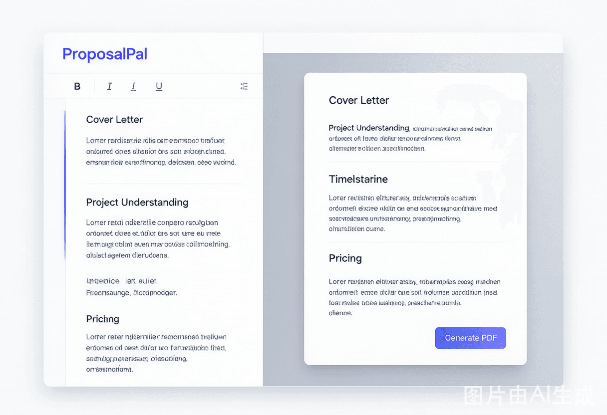 ProposalPal Editor showing AI-generated proposal with split-pane view: editor on left, live preview on right